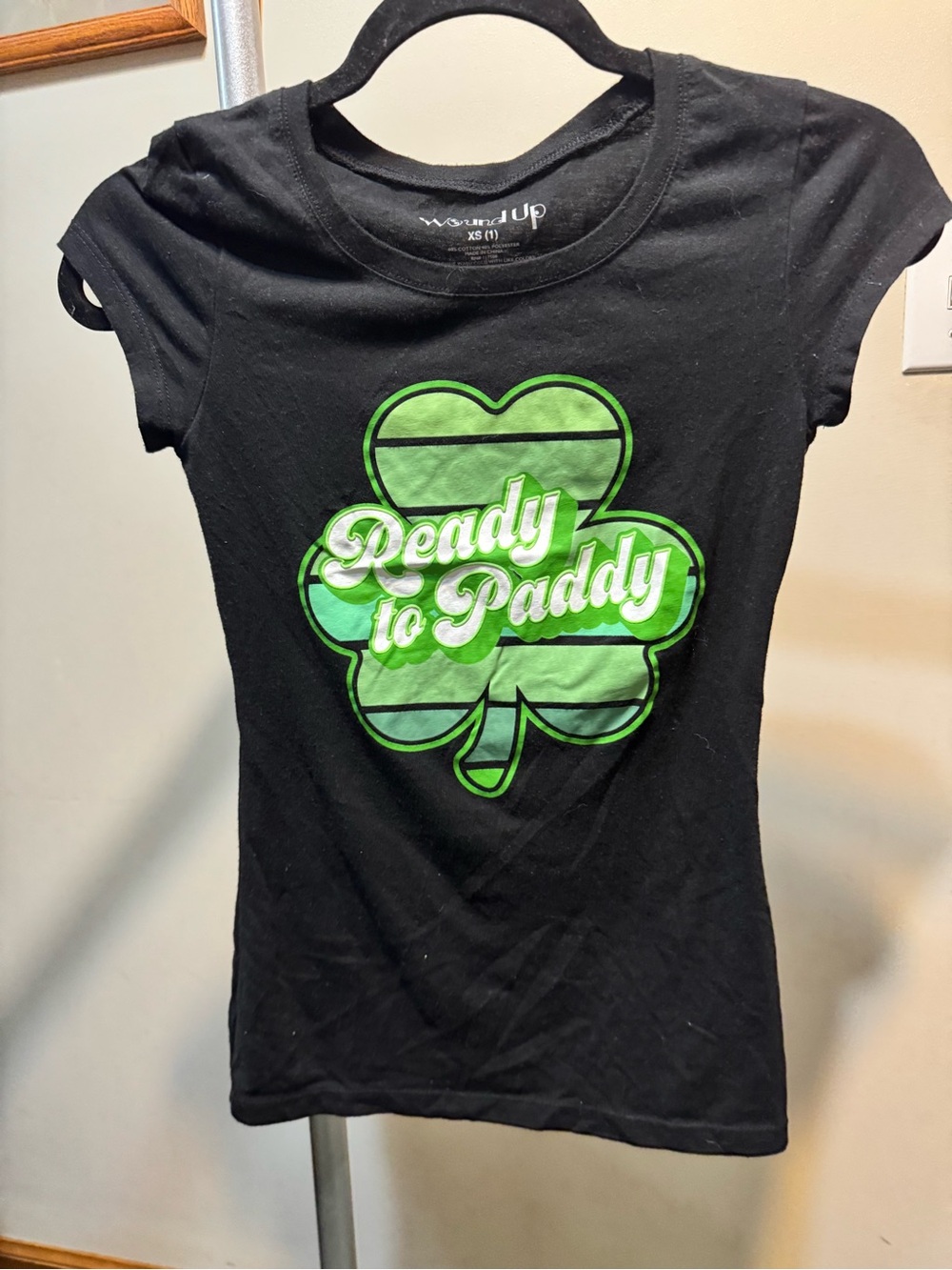 Wound Up Black Tee with Green Shamrock "Ready to Paddy" Graphic